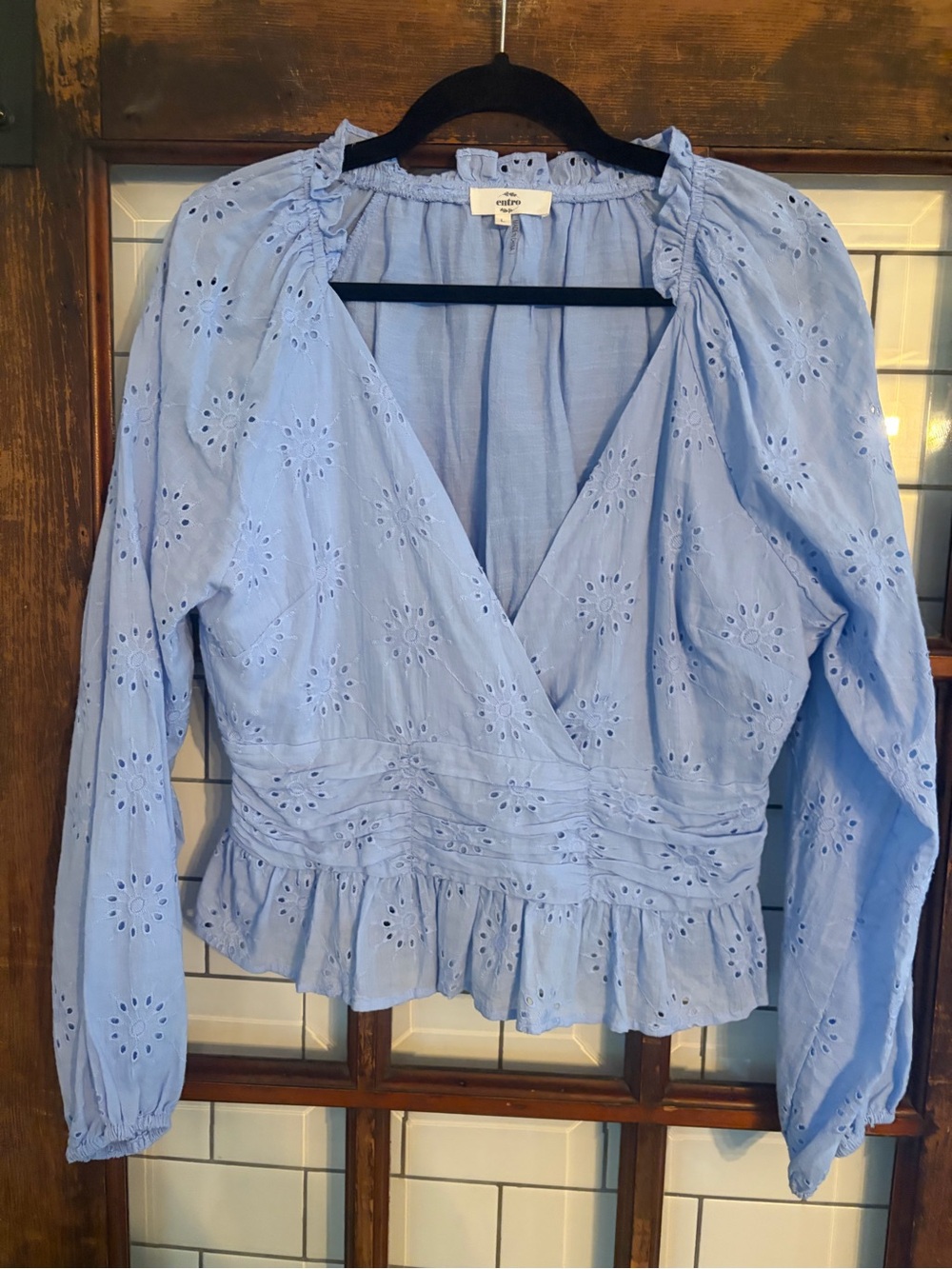 entro Light Blue Eyelet Wrap Peplum Blouse